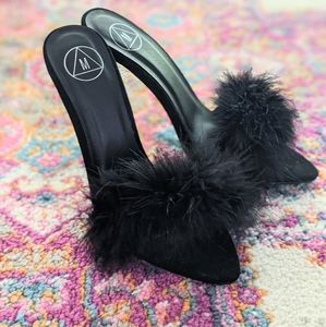 Black Feather Peep Toe Mules